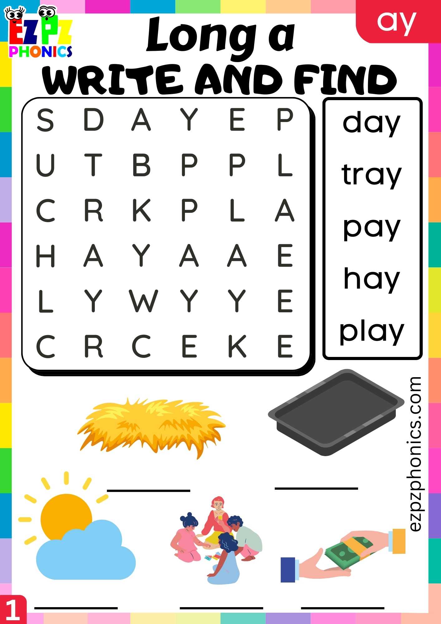 Group1 AY Words Write And Find Long A Phonics Worksheet